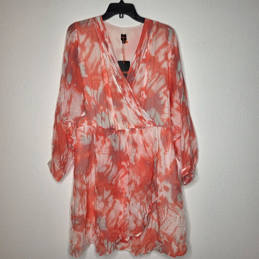 NWT BOSS Orange Print Long Sleeve Faux Wrap Dress